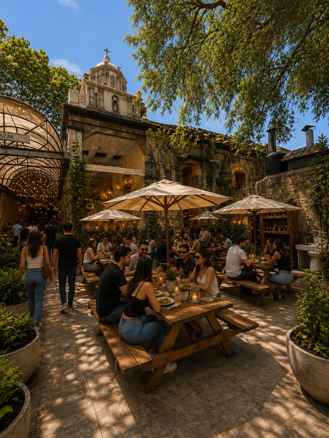 Patio con mesas de madera, sombrillas y vegetación, con comensales